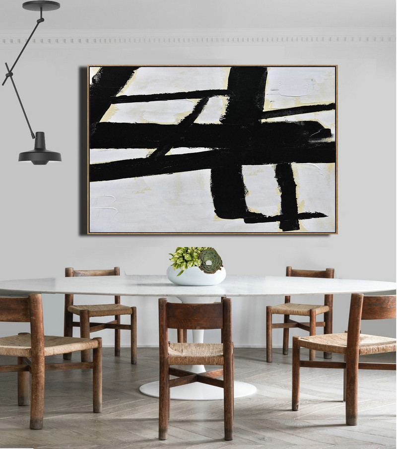 Large Contemporary Painting,Horizontal Palette Knife Minimal Canvas Art Painting Black White Beige - Acrylic Painting On Canvas